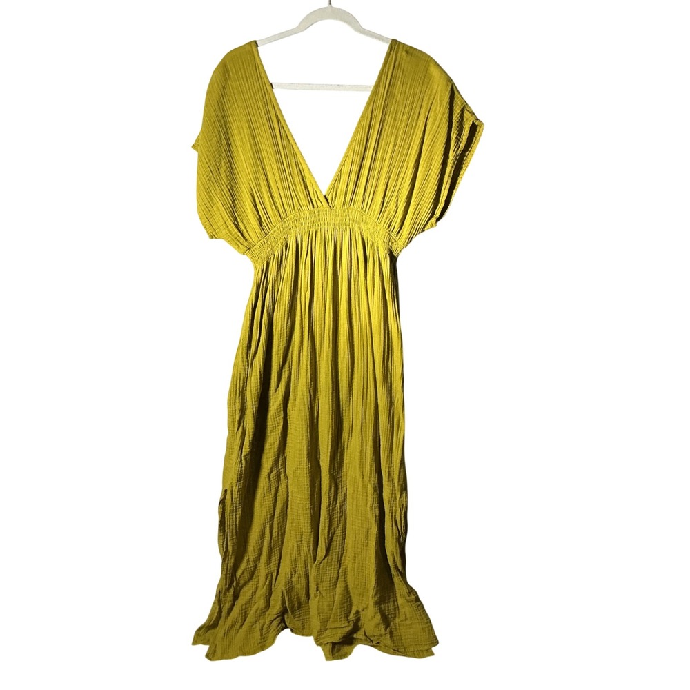 BLANCA Boho Gauze Maxi Dress Women OS Yellow V-Neck Smocked Waist Cotton Summer